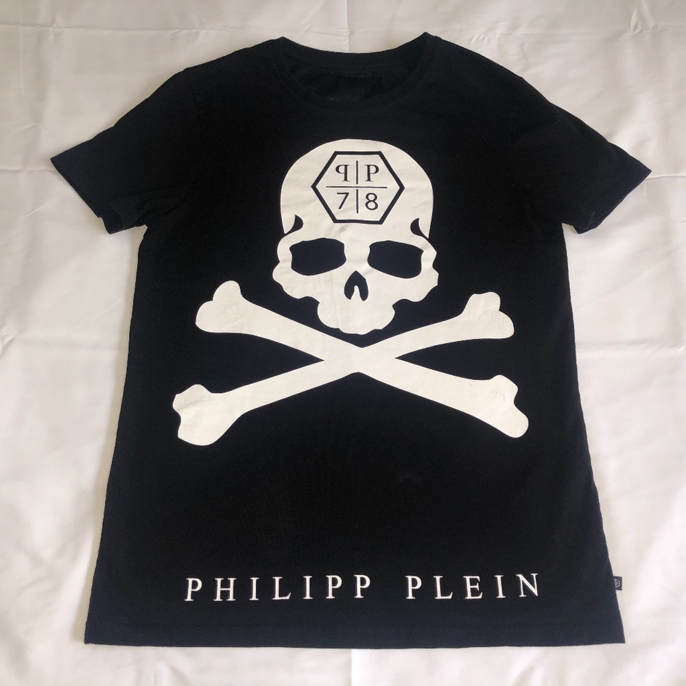 Philipp Plein Black Men's Large Short Sleeve T-Shirt w/ Skull & Crossbones Logo